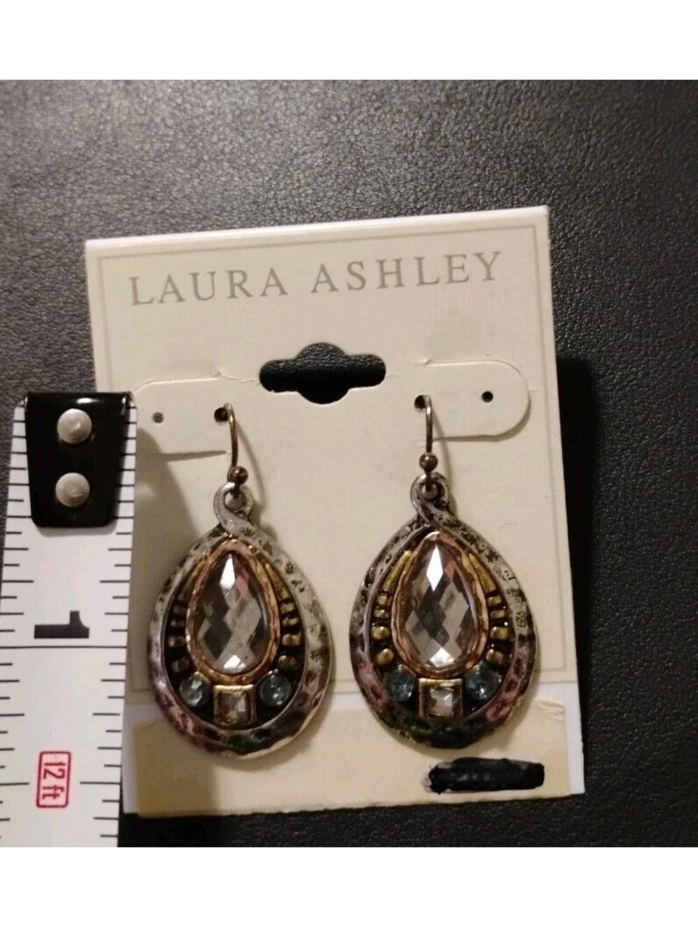 VTG Laura Ashley Silvertone Dangle Earrings Rhinestone Egyptian Revival Made USA